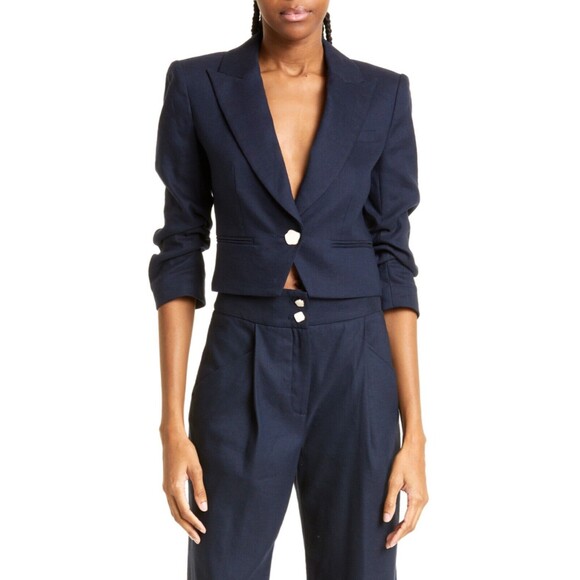 Veronica Beard Delpha Linen Blend Puff Shoulder Crop Blazer size 4 NWT Navy - Picture 1 of 7